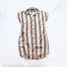 Shein White Tan-Clay Striped Button Front Collared Shift Shirt Dress Size Small 