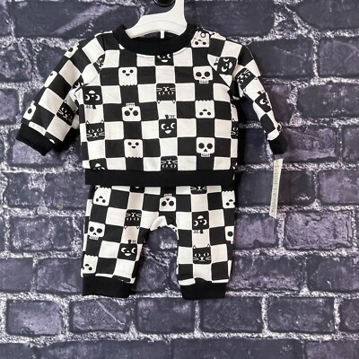 Cat & Jack Baby Newborn Halloween Checkered Sweatshirt and Jogger Set Skulls Cat