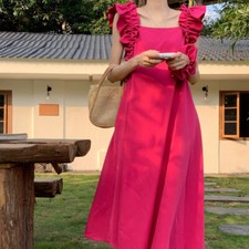 Ladies Girls Ruffled Dress Square Neck Sleeveless Casual Loose Pink Sweet Summer