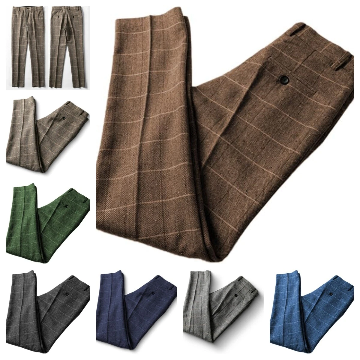 Men's Dress Pants Tweed Plaid Herringbone Classic Fit groomsman suit Pants 28-44