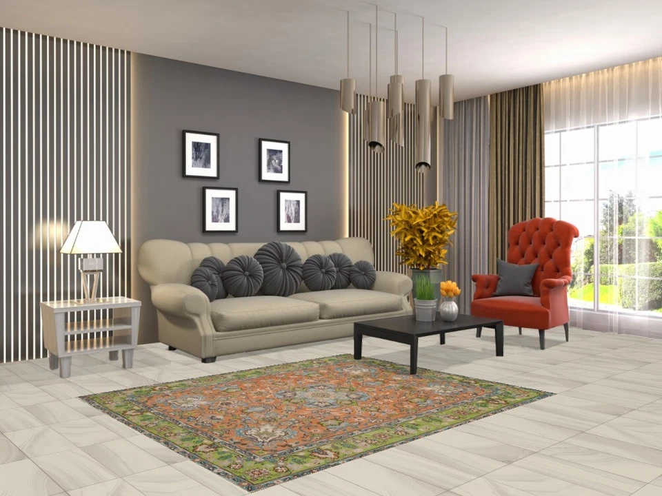 Orange/ Green Floral Wool Traditional Rug 5x6 ft Hand-knotted Vintage Carpet - Image 2 of 4