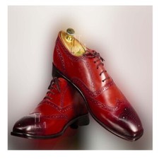 Handmade Men's Burgundy Wing Tip Brogue Genuine Leather Dress Shoes, Sale !!!