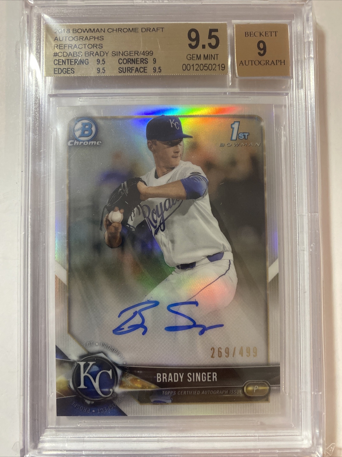2018 Bowman Chrome Draft Auto Brady Singer Ref /499 BGS-9.5