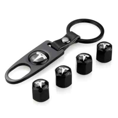 Tesla Valve Stem Caps With Key Chain, Black #A2