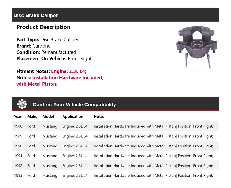 Pinza de freno de disco delantera derecha Cardone 1989 para Ford Mustang 1988-1993 2,3 L L4 Foto 2 de 4