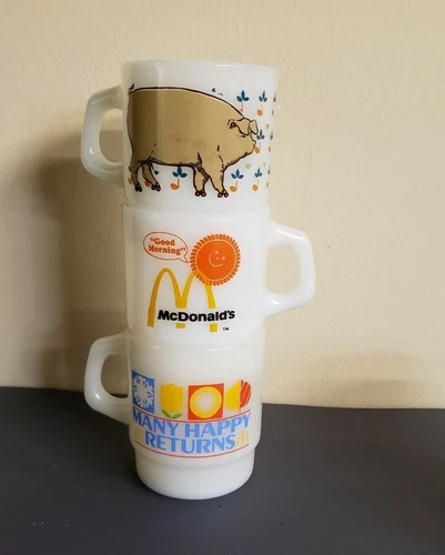 3 VINTAGE FIRE KING ANCHOR HOCKING STACKABLE ADVERTISING MUGS RARE 