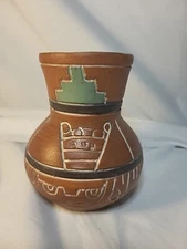 Vintage Leopolde de Mexico Aztc Mayan Red Clay Pottery Native Folk ArtVase signd