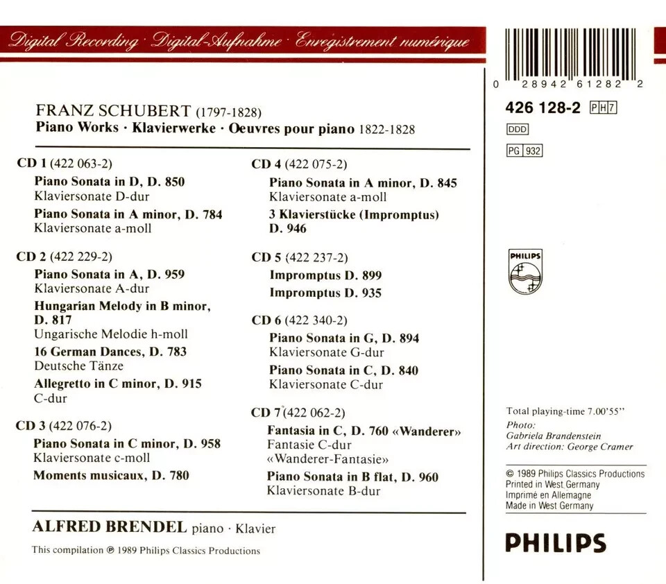 欧7CD Alfred Brendel Schubert Piano Works = Klavierwerke = Oeuvres Pour  4261282 Philips /00920 Alfred Brendel, Franz Schubert - Schubert: Piano Works