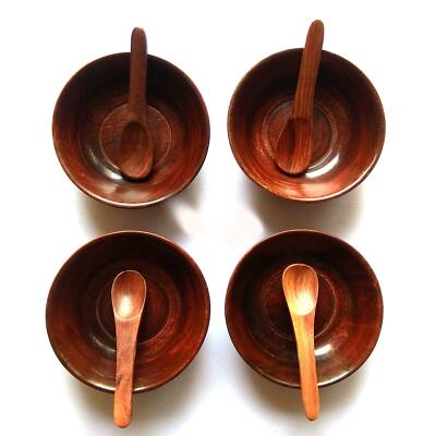 Wooden Handcrafted Bowls with Spoons - 4 Pieces, Walnut Brown - Free Shipping