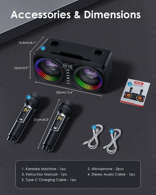 Portable Bluetooth Karaoke Machine Dual Speaker W/ 2 UHF Wireless Microphones