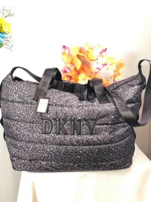 NWT DKNY Nora Leopard Prints Black Gray Nylon Duffle Weekender Bag