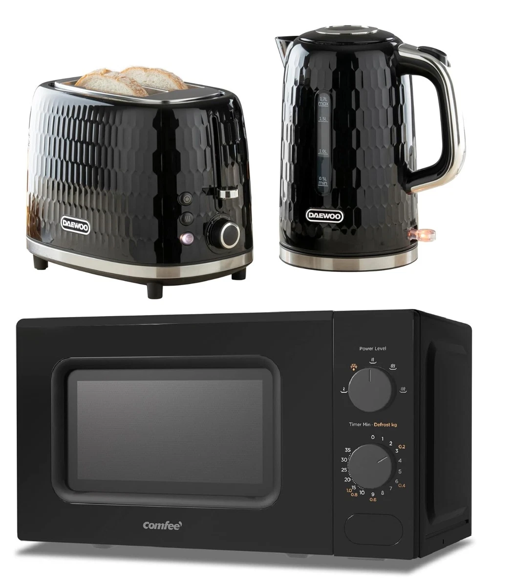 Elegant Black Microwave Comfee with Daewoo Kettle and Toaster Honeycomb Set SALE