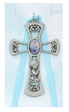 Boy Guardian Angel Crib Cross Medal With Light Blue Ribbon 10 Inch Baptism Gifts
