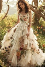 Light Champagne Wedding Dresses Layered 3D Flower V-neck A-line Bridal Dress