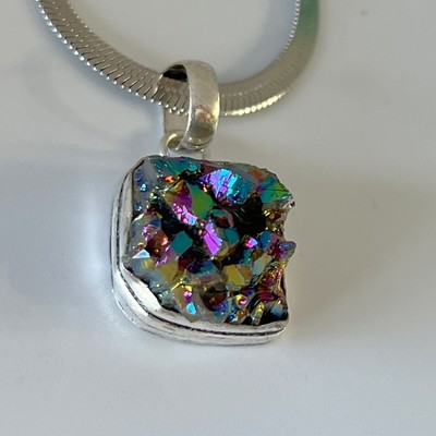 925 Silver Plated Titanium Druzy Pendant Gemstone Necklace Jewelry 1.5'' Womens