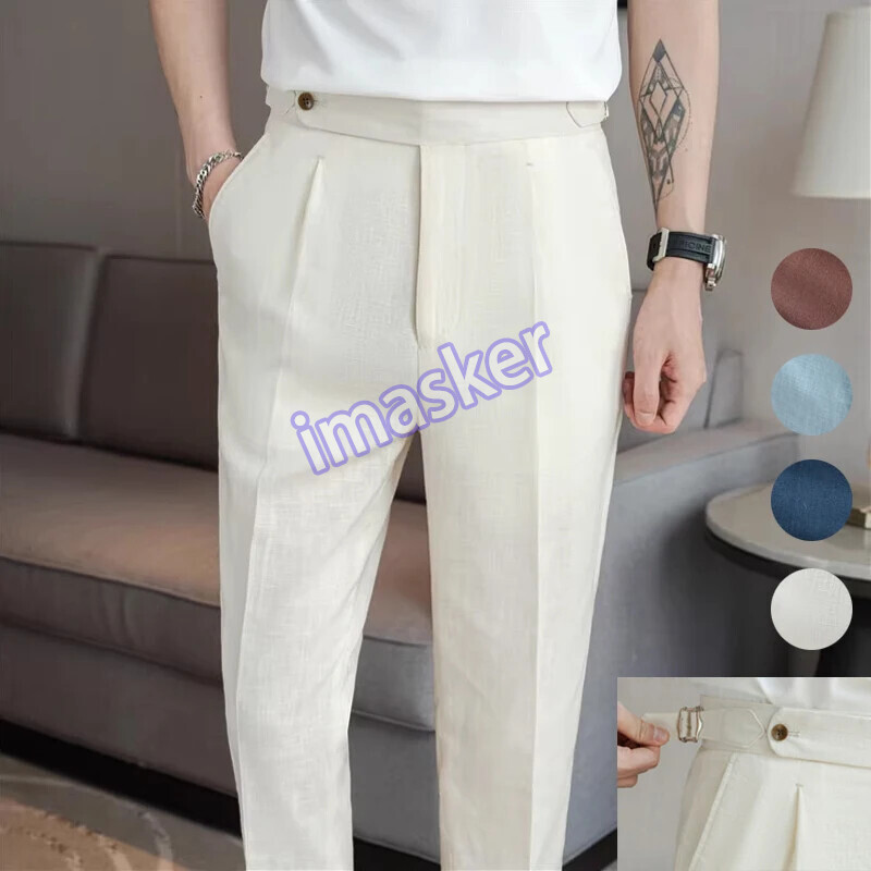 Breathable 90% Linen 10% Cotton Men's Straight Suit Pants