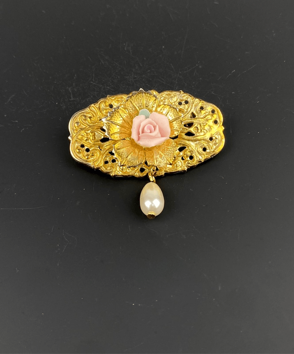 Romantic Porcelain Pink Rose Filigree Dangle Pearl Brooch Pin