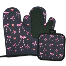 Oven Mitts - Black Bows Silicone Oven Mitt and Pot Holders,Heat Resistant Ove...