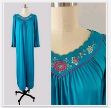 Rare 1980 Vintage Shadowline Retro Peacock Blue Fleece Nightgown Size Small READ