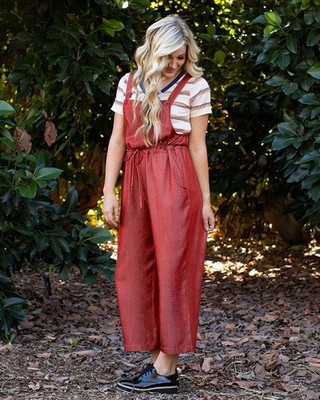 Lularoe Juliet Chambray Jumpsuit Size M Brick Red Summer Overalls Soft NWT