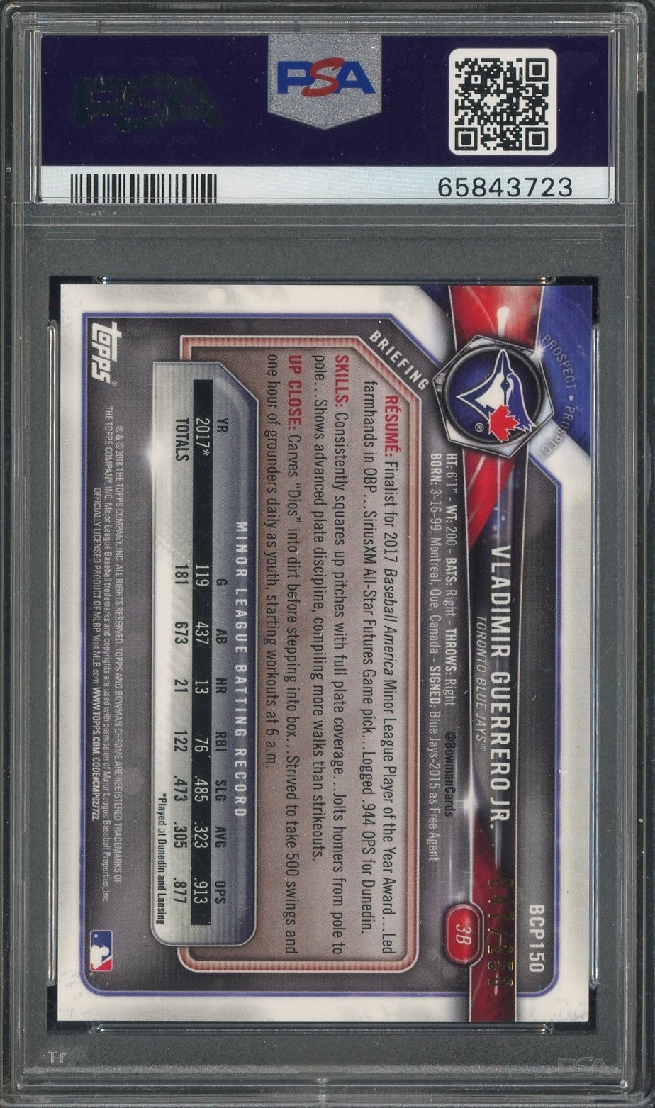 2018 Bowman Chrome Mega Box Purple Vladimir Guerrero Jr Throwing RC /250 PSA 9 view 2