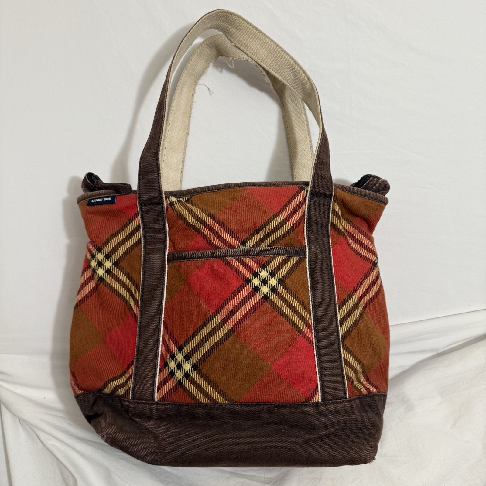 Vintage 90s Lands End Plaid Canvas Tote with Zip Top Pockets