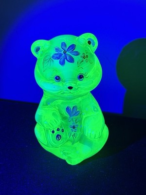 RARE Fenton Topaz Vaseline Glass Bear painted signed Marilyn