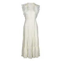 Sandro Damen Satin-Kleid Ecru Midi Bestickt Gr. 36 S FR 36 R20500E