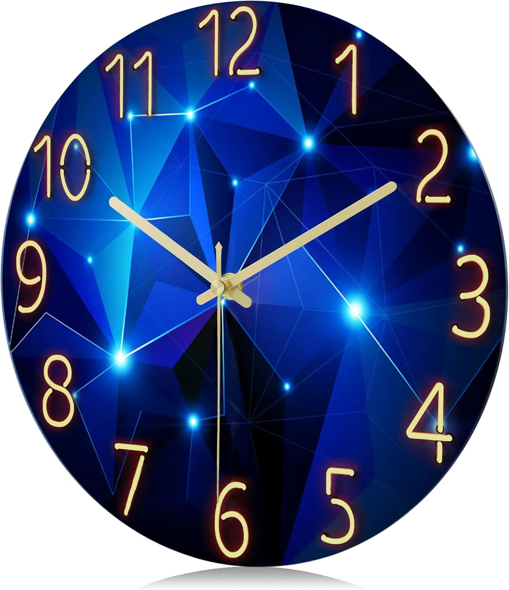 12 Inch Silent Non Ticking Glass Blue Wall Clock for Living Room