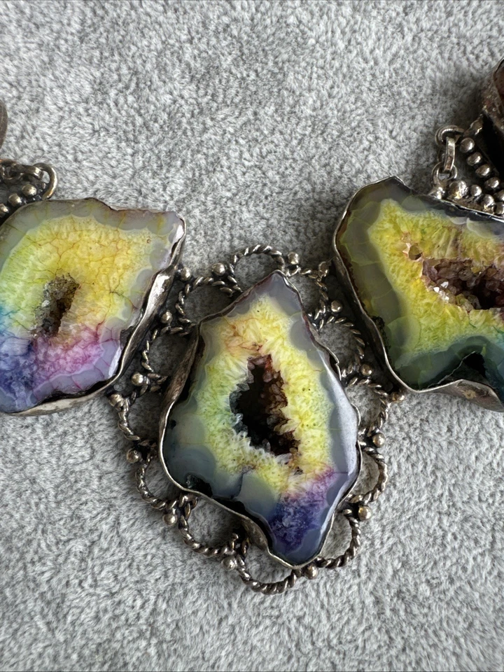 "Collar bohemio chapado en plata con piedras preciosas druzy de cuarzo solar arco iris joyería 24""" Foto 3 de 4