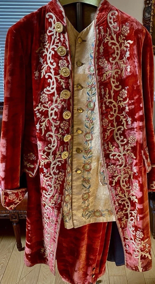 Antiguo disfraz de teatro c1880 abrigo de terciopelo rojo chaleco pantalones Boomsma Groningen