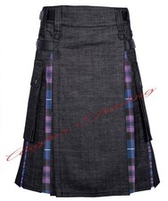 Scottish Black Denim With Pride of Scotland Tartan Hybrid Utility Kilt For Men