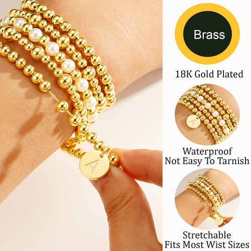 Gold Beaded Bracelet for Women Initial U 18K Gold Plated Stack Pearl Beaded Brac - Bild 3 von 6
