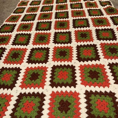 Vintage Mid Century Afghan Blanket Crochet Granny Square 72x44