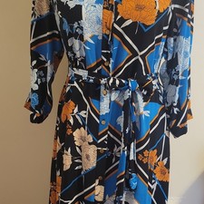 Blue Orange Black White Floral Belted Button Accent Collared Midi Shirt Dress