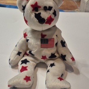 Ty White Bear Plush Stuffed Animal Red Blue Stars USA Flag Patch