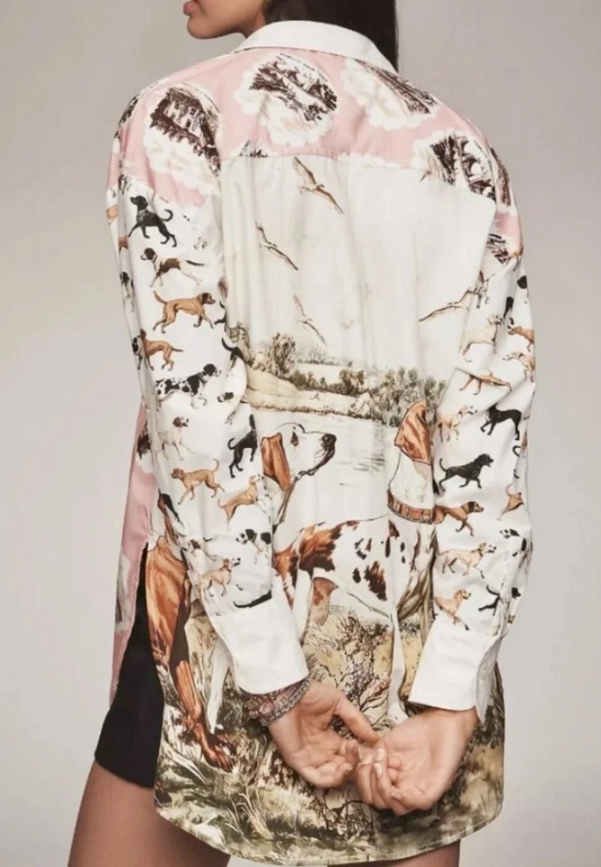 Anthropologie Maeve Bennett Buttondown Shirt Size L Dog Print Pink Beige NWT 🐕 - Image 3 of 4