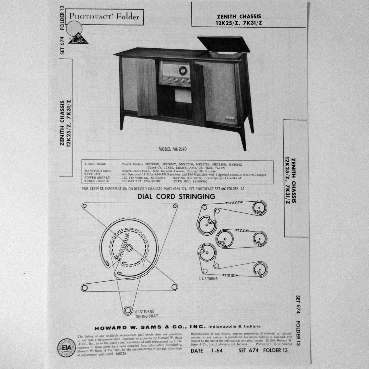 Zenith Models 12K25 12K25Z 7K31 7K31Z Stereo Console SAMS