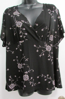 Womens 2X Floral V-neck SS Black white tan Pullover Top Blouse Shirt CKW WOMEN