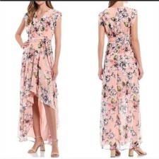 Eliza J Women's 2 Dress Pink Floral Ruffle High Low Maxi Belted Surplice Feminin