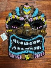 Tiki Mask Brown Wood Grain Tribal Blue Yellow Pink Accents Halloween