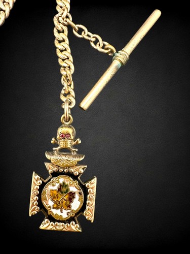 Antike MWA Totenkopf gekreuzte Knochen Rubin Augen Gold gefüllt Emaille Uhr Anhänger Kette DFB Co - Bild 3 von 7