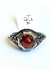 Antique White Gold Carnelian Deco/Edwardian Filigree Solitaire Engagement Ring 