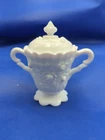 Vintage Fenton Rose Milk Glass Sugar Bowl, Lidded, Floral white Grannycore