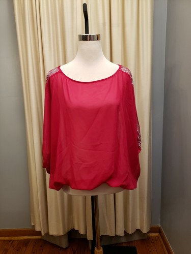 KOTON Sheer Blouse Fuchsia w/ Silver Studs Elastic on Waist and Sleeves NWT - Picture 2 of 12