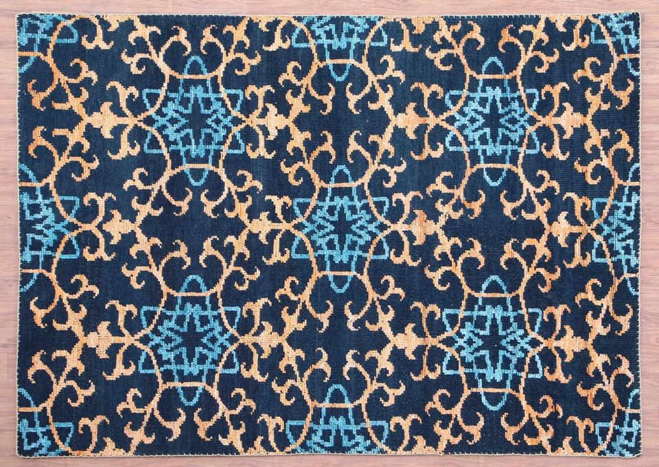 Alfombras y alfombras de lana de diseño moderno anudadas a mano azul damasco de 5'7"x7'10" pies Foto 2 de 4