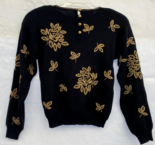 DE COLECCIÓN AÑOS 80.. CULTIVO.. LANA.. SUÉTER.. NEGRO.. PATRÓN FLORAL METÁLICO BORDADO EN ORO S - Imagen 3 de 4