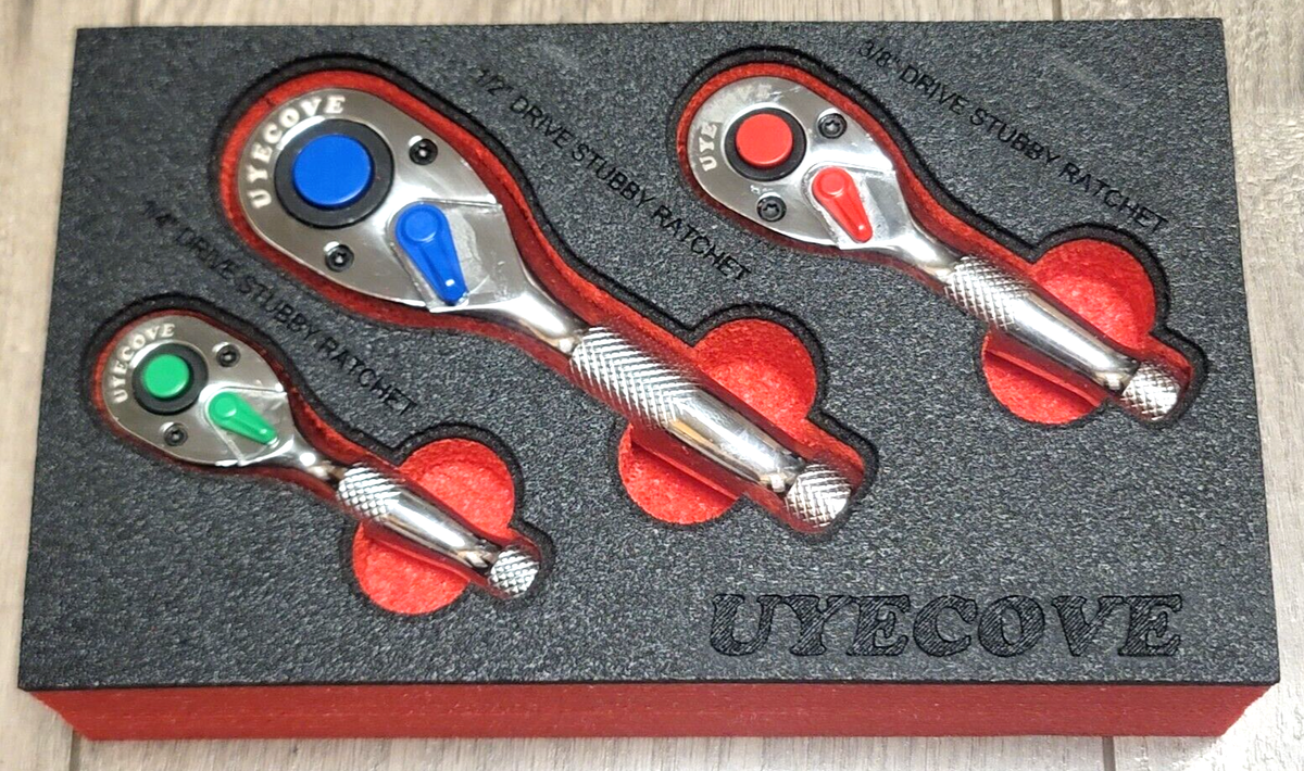 UYECOVE 3pc Color Coded Stubby Ratchet Set w/ Foam Tray 1/4, 3/8