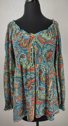 Melissa Paige Shirt Women Size M Blue/Orange Paisley Flowy Drapey Tunic - Picture 2 of 6