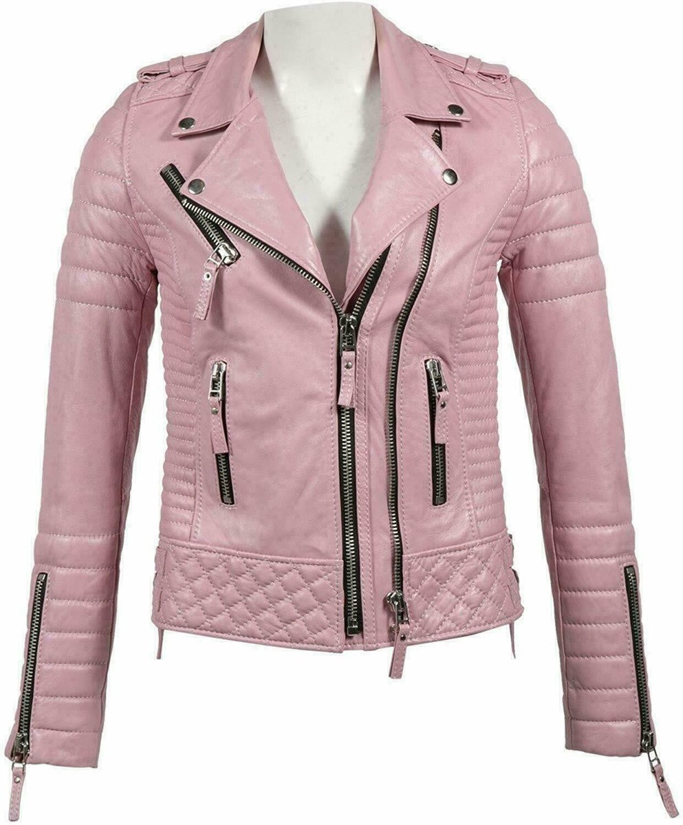 Pink Coat Women's Genuine Lambskin Leather Stylish Jacket Biker Motorcycle  Slim